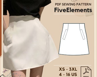 Easy Pocket Skirt PDF Sewing Pattern Korean Mini Skirt Pattern Solid Color High Waist Skirt