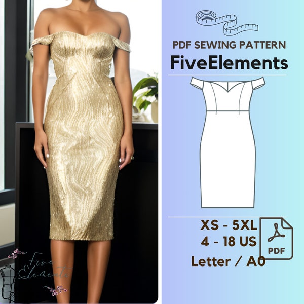 Off Shoulder Pencil Dress Sewing Pattern, Slim Fit V Neck Dress PDF Pattern, Party Dress