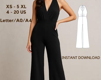 Halter Neck Jumpsuit Sewing Pattern | Wide Leg Jumpsuit PDF | Open Back Romper Pattern | XS–5XL | A0/A4/Letter | Digital Download