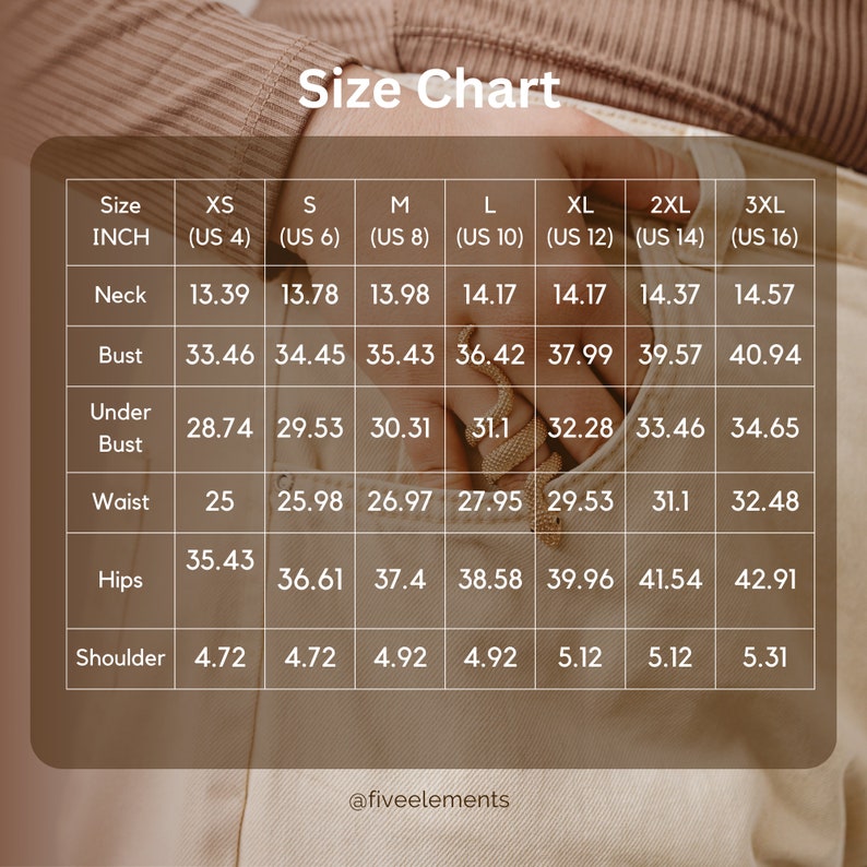May include: Size chart for clothing with measurements in inches for neck, bust, under bust, waist, hips, and shoulder. Sizes range from XS to 3XL.