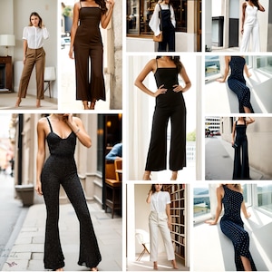 Op de afbeelding: Een collage van damesmode met diverse outfits. Inbegrepen zijn jumpsuits in zwart, bruin en wit, samen met een witte blouse en bruine broek, en een wit overhemd met cr&egrave;mekleurige broek. De outfits tonen een reeks stijlen, van casual tot formeler.