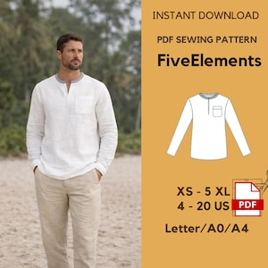 May include: A white long-sleeved shirt with a V-neck and pocket is worn by a man. The image includes a PDF sewing pattern with the text "FiveElements" and size options from XS to 5XL, and US sizes 4-20.