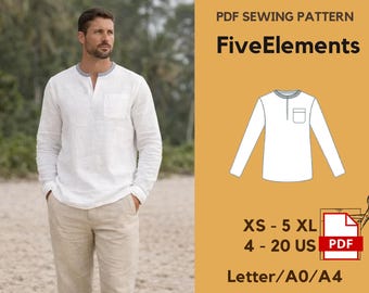 Men’s Boho Shirt PDF Sewing Pattern | Long Sleeve Casual Top | Relaxed | XS–5XL | A4 Letter A0 | Instant Download
