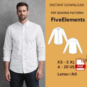 Patron de couture de chemise boutonnée pour homme PDF TP–5TG | Chemise classique à motif Hommes | Patron de chemise à manches longues | Chemise homme bricolage | Lettre A0