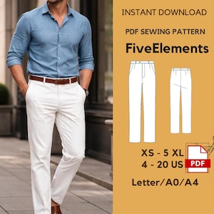 Può includere: Un uomo indossa una camicia azzurra e pantaloni bianchi, con una cintura marrone. L'immagine include un modello di cucito PDF con il testo "FiveElements" e dettagli taglie: XS - 5XL, 4-20 US.