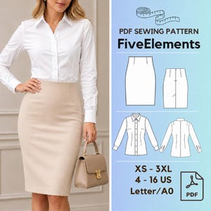 May include: A PDF sewing pattern titled FiveElements for a long-sleeve button-down shirt and a pencil skirt. The image displays technical line drawings of the garments, size range XS-3XL and 4-16 US, and a PDF file icon for digital download.
