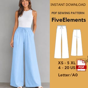 May include: A digital PDF sewing pattern titled FiveElements for wide-leg pants with an elastic drawstring waist. The image displays a white sleeveless top and light blue wide-leg pants, alongside technical line drawings of the pants in sizes XS-5XL.