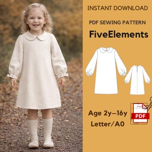 May include: A young girl wearing a cream-colored dress with a Peter Pan collar and long sleeves. The dress is paired with knee-high socks and white shoes. The image also includes a PDF sewing pattern with the text "FiveElements" and "Age 2y-16y".