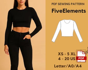 May include: A woman wearing a black long-sleeve crop top and black jeans. The image includes a PDF sewing pattern with the text "FiveElements" and size details: XS-5XL, 4-20 US, and Letter/A0/A4.