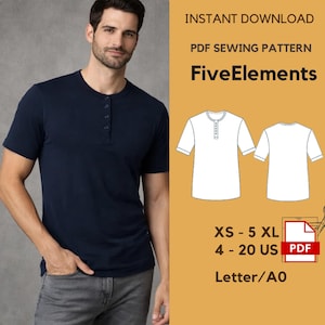 May include: A navy blue Henley shirt with short sleeves and a button-up placket. The image also includes a PDF sewing pattern with the text "FiveElements", sizes XS-5XL, and US sizes 4-20.