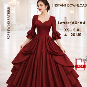 May include: A burgundy-colored formal gown with a square neckline and ruffled sleeves. The dress features a layered skirt and is available in sizes XS to 5XL, US sizes 4-20. The image includes the text "PDF SEWING PATTERN" and "INSTANT DOWNLOAD".