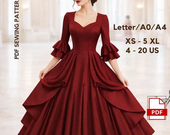 Puede incluir: Un vestido formal de color burdeos con escote cuadrado y mangas con volantes. El vestido presenta una falda en capas y está disponible en tallas XS a 5XL, tallas US 4-20. La imagen incluye el texto "PDF SEWING PATTERN" y "INSTANT DOWNLOAD".