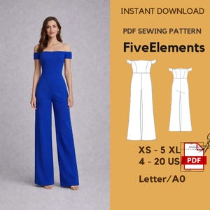 May include: A woman wearing a royal blue off-the-shoulder jumpsuit. The image includes a PDF sewing pattern with the text "FiveElements", sizes XS-5XL, and sizes 4-20 US. The pattern is an instant download.