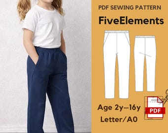 Kids Pants Sewing Pattern PDF, Elastic Waist Trousers Pattern, Girls Boys Pants Pattern Age 2-16, Easy Kids Sewing Pattern, A0 Letter