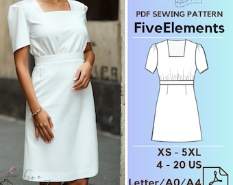 Patron de couture PDF de robe d'été à manches courtes pour femme, patron numérique de robe à col carré, robe décontractée régulière