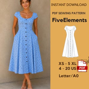 Op de afbeelding: Een lichtblauwe midi-jurk met een klein donker bloemenpatroon, korte mouwen, een ronde halslijn en een knoopsluiting aan de voorzijde. De afbeelding bevat de tekst: INSTANT DOWNLOAD PDF SEWING PATTERN FiveElements XS - 5 XL 4 - 20 US Letter/A0.