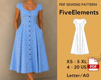 Vintage Midi Summer Dress Sewing Pattern, Cottagecore Button Front Dress PDF, Women's A-Line Dress, XS-5XL, Letter/A0
