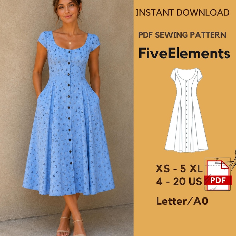 Pode incluir: Um vestido midi azul claro com um pequeno padr&atilde;o floral escuro, mangas curtas, decote redondo e uma carcela de bot&otilde;es frontal. A imagem inclui o texto: INSTANT DOWNLOAD PDF SEWING PATTERN FiveElements XS - 5 XL 4 - 20 US Letter/A0.