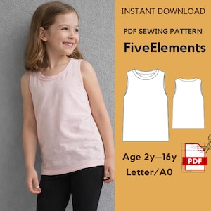 Può includere: Una ragazza indossa una canotta rosa chiaro e leggings neri. L'immagine include un modello di cucito PDF per una canotta, con il testo "FiveElements" e "Age 2y-16y". Il modello è disponibile per il download immediato.