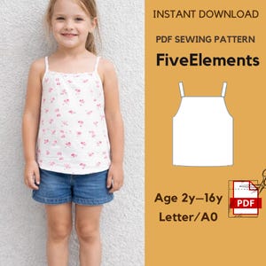 May include: A young girl wearing a white tank top with a pink floral pattern and denim shorts. The image includes text that reads "INSTANT DOWNLOAD", "PDF SEWING PATTERN", and "FiveElements". The pattern is for ages 2y-16y.