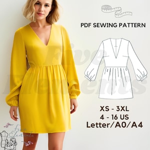 Puede incluir: Patrón de costura PDF para un vestido amarillo con cuello en V y mangas largas. El patrón incluye las tallas XS-3XL (4-16 US) y está disponible en los formatos Letter, A0 y A4.
