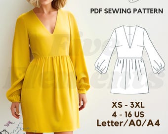 Digital Dress Pattern Sewing Pattern PDF V-Neck Dress Gathered Skirt Dress Mini Dress
