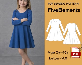 Girls Long Sleeve Skater Dress Sewing Pattern PDF, Kids Fit and Flare Dress, Twirl Dress Pattern, Age 2–16, Easy Sewing Pattern