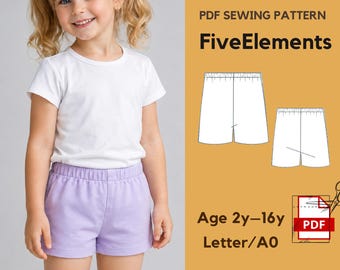 Girls Elastic Waist Shorts PDF Sewing Pattern | Kids Basic Shorts Pattern | Easy Summer Shorts | Age 2–16 | Instant Download