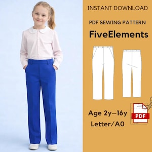 May include: A young girl wearing a light pink collared shirt and bright blue pants. The image also includes a sewing pattern with the text "FiveElements" and "Age 2y-16y". The pattern is available as an instant PDF download.