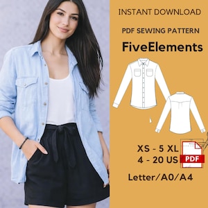May include: A woman wearing a light blue button-down shirt and black shorts. The image includes a PDF sewing pattern with the text "FiveElements" and size details: XS-5XL, 4-20 US, and Letter/A0/A4.