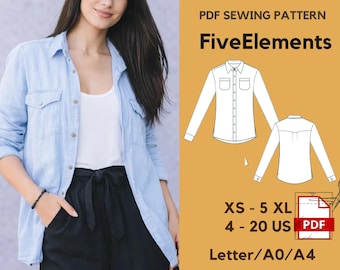 レディースボタンダウンシャツの縫製パターンPDF | クラシックな長袖シャツ | XS～5XL | すぐにダウンロード A4 A0レターサイズ