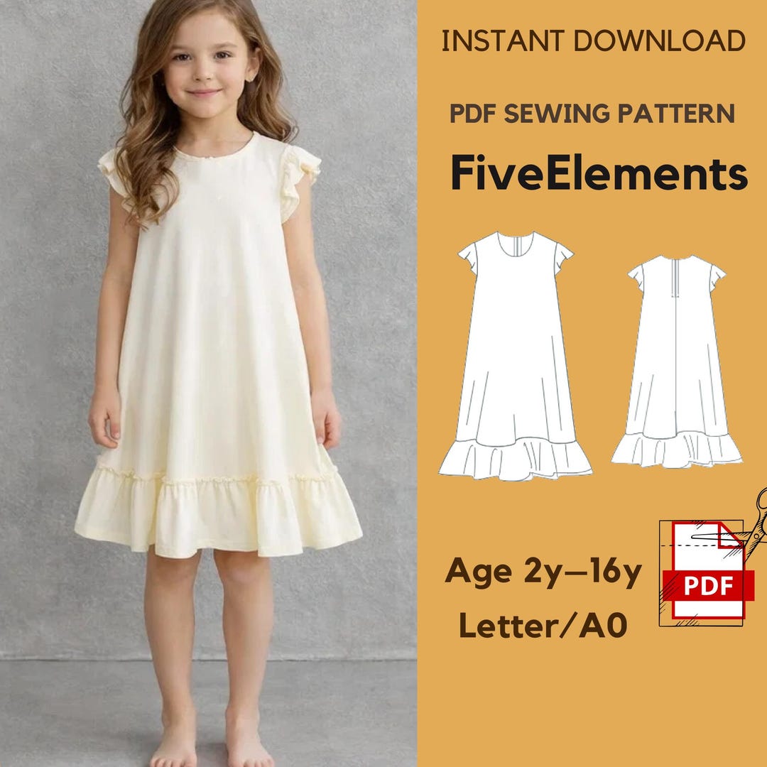 Girls Ruffle Dress Sewing Pattern PDF | Kids Flutter Sleeve Dress ...
