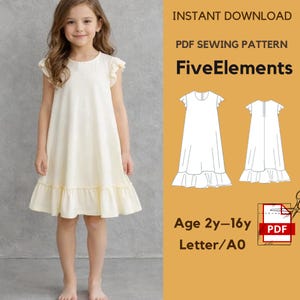 May include: A young girl wearing a cream-colored dress with ruffled sleeves and hem. The dress is a PDF sewing pattern from FiveElements, available for ages 2y-16y. The image includes the text "INSTANT DOWNLOAD" and "PDF SEWING PATTERN".