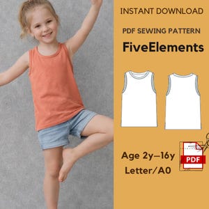 May include: A young girl wearing an orange tank top and denim shorts. The image includes a PDF sewing pattern for a tank top, with the text "FiveElements" and "Age 2y-16y". The pattern is available for instant download.
