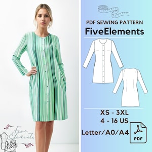 May include: A long-sleeved, button-down dress with vertical stripes in shades of green and white. The dress is knee-length and has pockets. The image also includes a PDF sewing pattern with the text "Five Elements" and size information.
