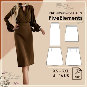 May include: PDF sewing pattern for a skirt, called FiveElements. The pattern includes sizes XS-3XL (4-16 UK). The image shows a brown skirt on a model and four white outlines of the skirt in different lengths.