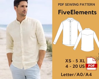 Men Mandarin Collar Shirt Sewing Pattern PDF | Band Collar Shirt Pattern | Modern Men Shirt | XS–5XL | A4 A0 US Letter