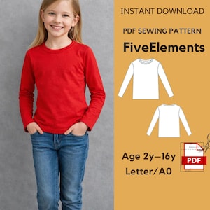 Puede incluir: Una persona con una camiseta roja de manga larga y vaqueros azules. La imagen incluye un patrón de costura PDF con el texto "FiveElements" y el rango de edad "Age 2y-16y".