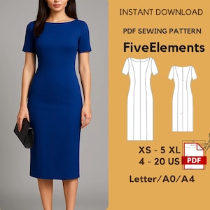 May include: A woman in a royal blue, short-sleeved sheath dress, holding a black clutch. The image includes a PDF sewing pattern with the text "FiveElements", sizes XS-5XL, and sizes 4-20 US.
