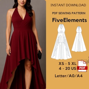 May include: A burgundy halter-neck dress with a high-low hemline. The image includes a PDF sewing pattern with the text "FiveElements", sizes XS-5XL, and sizes 4-20 US. The pattern is available for instant download.