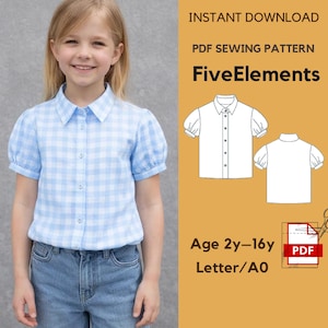 May include: A young person wearing a light blue and white checkered button-up shirt with short, puffed sleeves and blue jeans. The image includes a PDF sewing pattern with the text "FiveElements" and "Age 2y-16y".