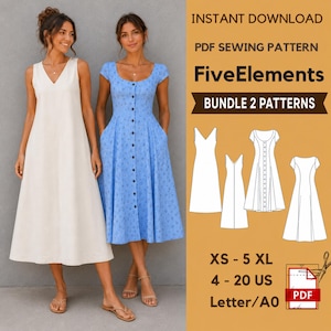May include: A digital PDF sewing pattern titled FiveElements Bundle 2 Patterns, featuring two midi-length dresses, one solid cream and one blue with a small pattern, both with buttons and pockets, plus technical line drawings and size range XS-5XL.