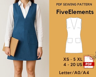Damen Trägerkleid PDF Schnittmuster | V-Ausschnitt A-Linie Kleid | Lockeres Sommer-Herbst-Kleid | XS–5XL | A4/A0/Letter