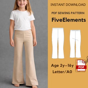 May include: A young girl wearing a white t-shirt and beige flared pants. The image also includes a PDF sewing pattern for flared pants, with the text "FiveElements" and "Age 2y-16y".