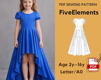 Girls High Low Dress Sewing Pattern PDF | Kids Party Dress Pattern Age 2–16 | Princess Dress Pattern | Flower Girl Dress | A0 Letter