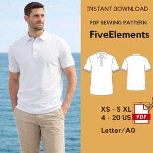 Puede incluir: Un polo blanco con mangas cortas y una tapeta de tres botones. La imagen también incluye un patrón de costura PDF para la camisa, con el texto "FiveElements" y opciones de tallas de XS a 5XL, y tallas US 4-20.