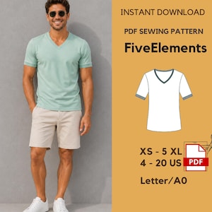 May include: A light green V-neck t-shirt with short sleeves, shown on a model wearing beige shorts and sunglasses. The image includes text: INSTANT DOWNLOAD, PDF SEWING PATTERN, FiveElements, XS - 5 XL, 4 - 20 US, Letter/A0, and a PDF icon.