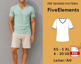 Men's V-Neck T-Shirt Sewing Pattern PDF | Knit Tee Pattern | Men's Basic Shirt Pattern | Short Sleeve T-Shirt | XS-5XL | Instant Download