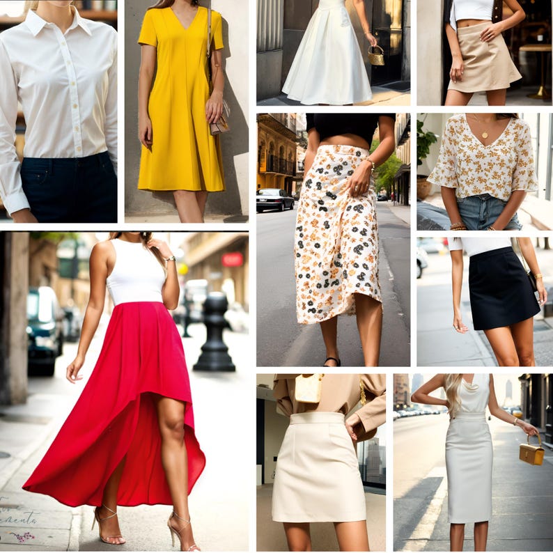 May include: Collection of women's clothing items, including a white button-down shirt, a yellow V-neck dress, a white skirt, a tan mini skirt, a floral print skirt, a floral top, a red high-low skirt, a black mini skirt, a cream-colored mini skirt, and a white pencil skirt.