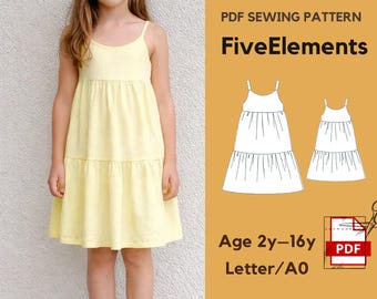 Girls Summer Dress Sewing Pattern PDF, Kids Tiered Dress Pattern, Spaghetti Strap Dress Pattern Age 2-16, Easy Girls Dress, A0 Letter